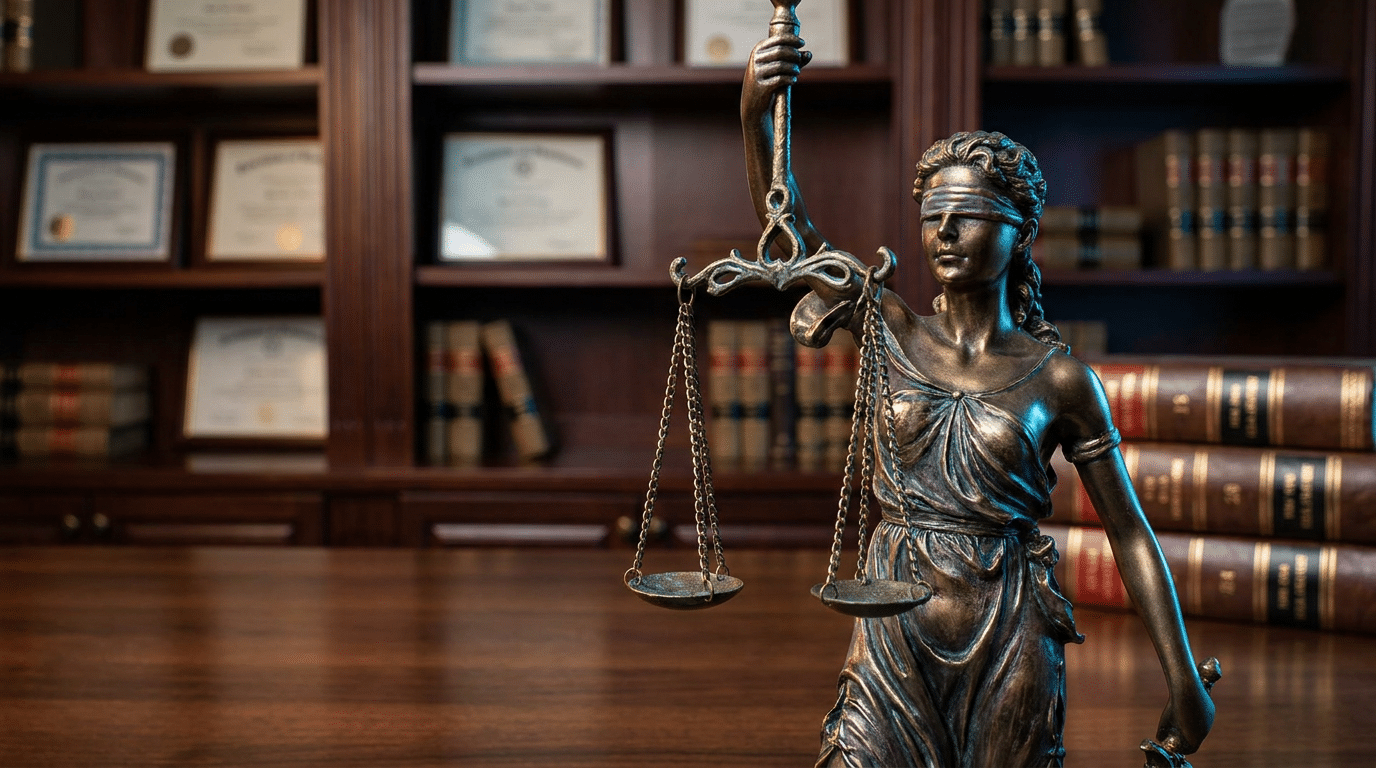 A bronze statue of Lady Justice holding scales stands on a wooden desk, with law books and framed certificates on shelves in the background.
