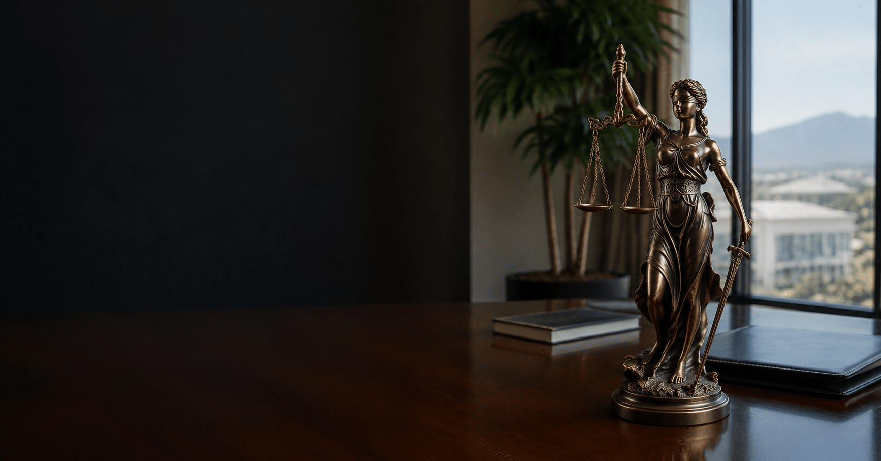 A bronze Lady Justice statue sits on a polished wooden desk, accompanied by notebooks, a plant, and a window overlooking buildings and mountains in Las Vegas, NV—a thoughtful setting for reflecting on cases such as nursing home neglect.