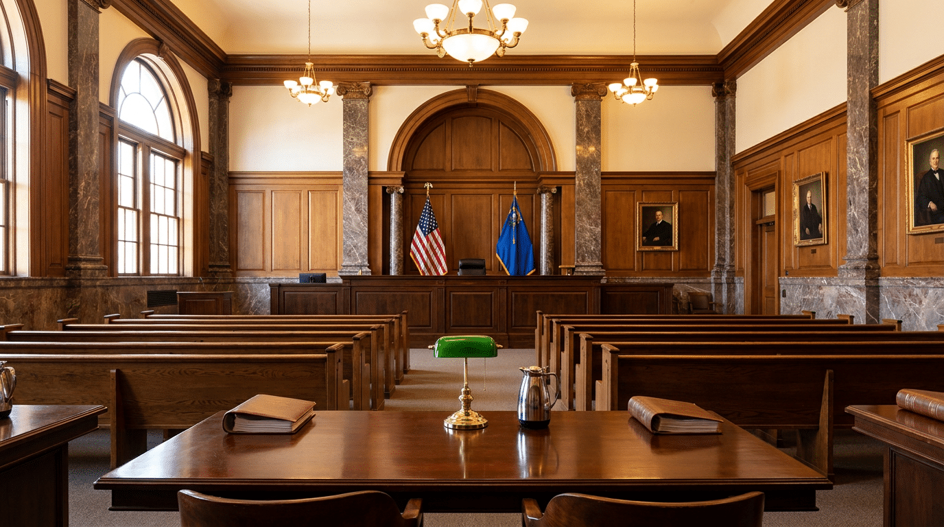 Empty courtroom with wooden benches and desks, American and state flags behind the judge’s bench, portraits on the walls, and a green reading lamp on the lawyer’s table in the foreground—capturing a quiet moment before justice is sought for cases such as Nursing Home Neglect in Las Vegas, NV.
