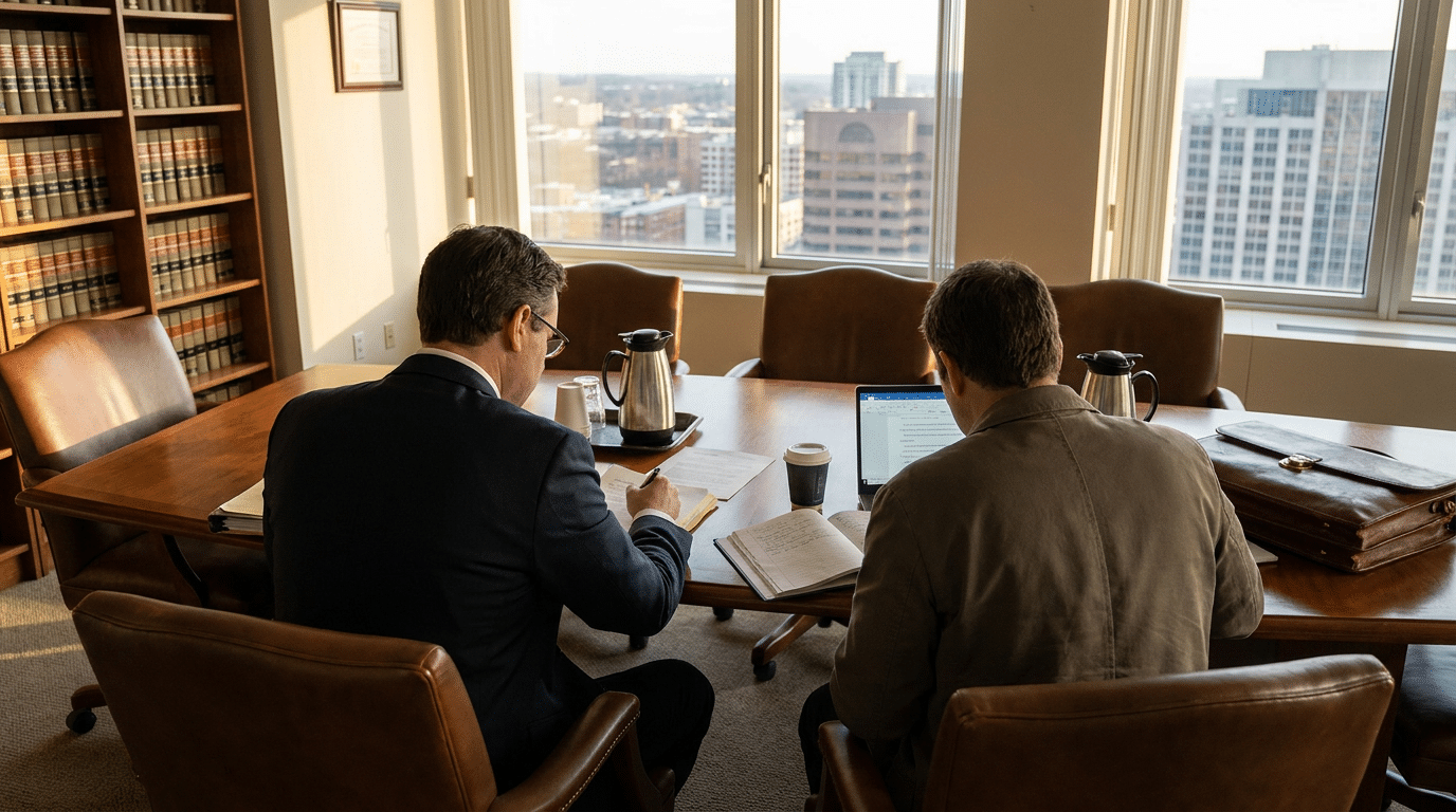 Two men in suits sit at a conference table with documents, a laptop, and coffee, working in an office with large windows overlooking a Las Vegas cityscape as they discuss legal representation for a medical malpractice case.