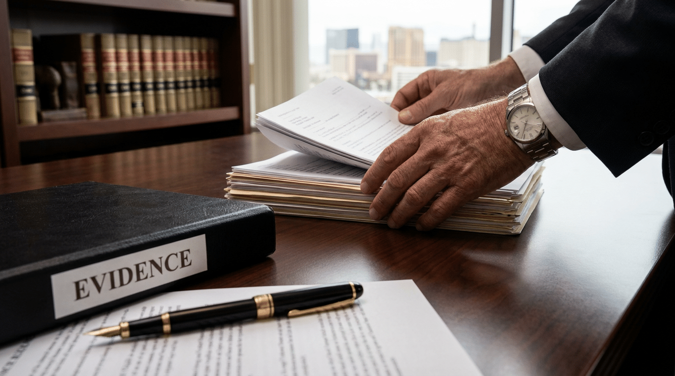 A person in a suit organizes documents on a desk with a binder labeled “EVIDENCE,” a pen, and more paperwork in a Las Vegas law office setting, preparing for legal representation in a medical malpractice case.