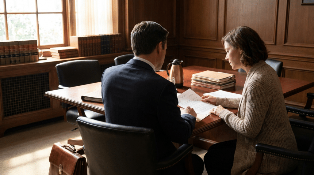 Two people sit at a table in a wood-paneled office in Las Vegas, NV, reviewing documents together. A briefcase, books, a coffee pot, and stacked folders are visible on the table—suggesting a focused discussion about nursing home neglect.