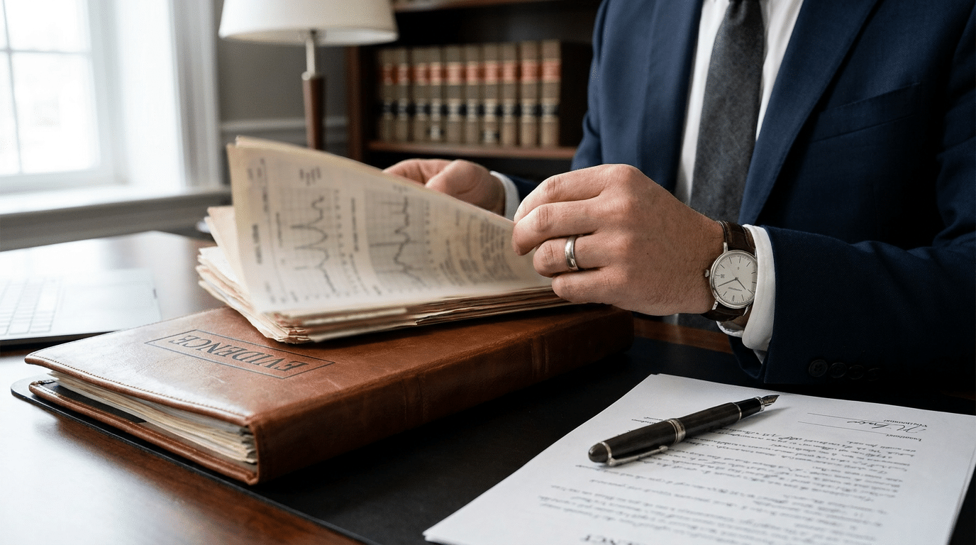 A person in a suit reviews documents at a desk with a binder labeled “EVIDENCE,” legal papers, and a pen, while law books and resources about medical malpractice are visible in the background—depicting the thorough preparation required for legal representation in Las Vegas.