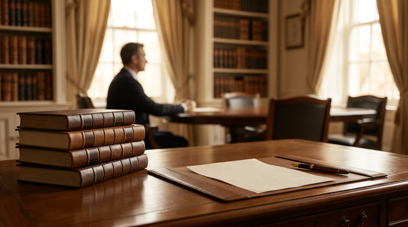 A desk with stacked books, paper, and a pen in a library—perfect for researching Legal Questions; a person sits at a table in the background near bookshelves and windows.