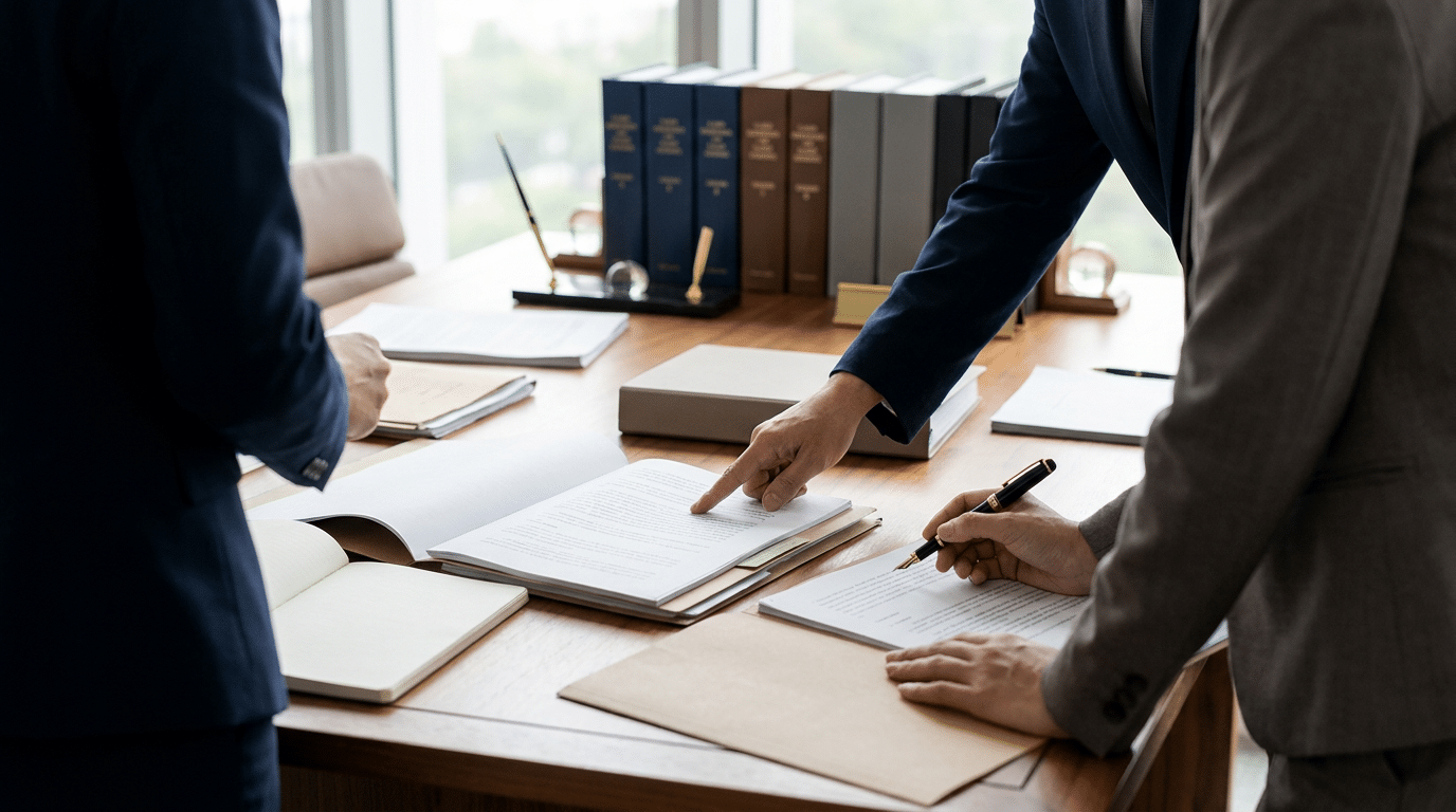 Two people in business suits review documents on a wooden desk with books, folders, and office supplies in a bright, modern office.